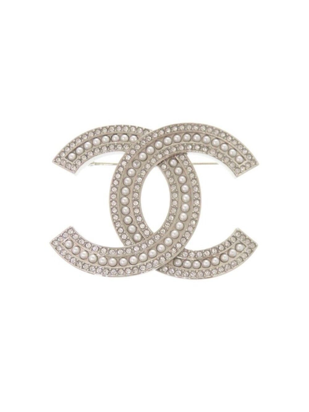 Chanel CC Logo Faux Pearl Stone Silver S Brooch